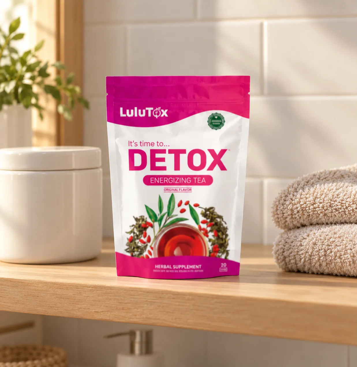 Lulutox Detox Tea — Verpackung im Alltag
